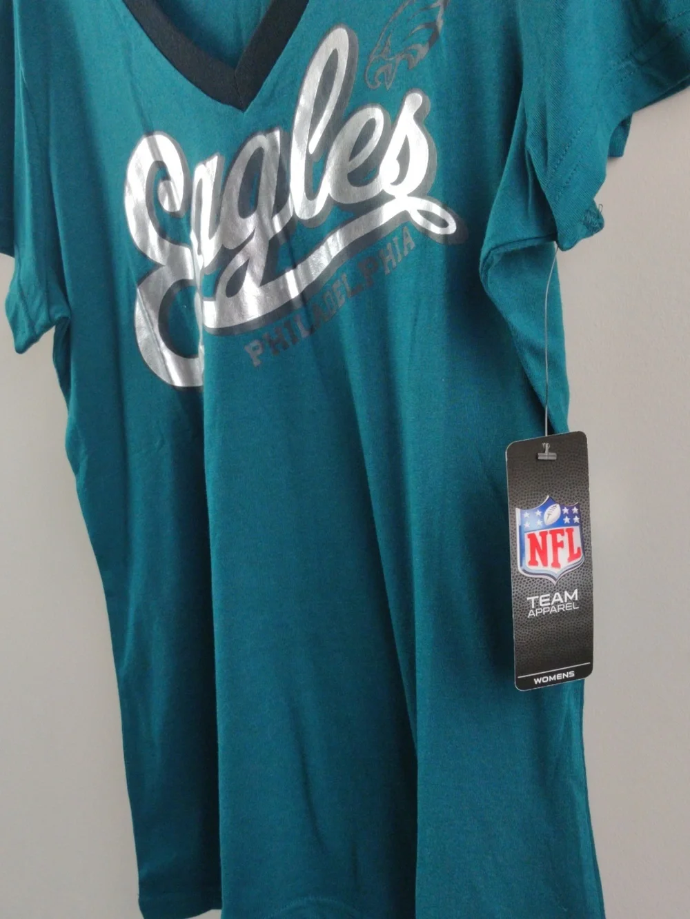 NFL Women's Teal V-Neck Eagles Script Tee - Picture 3 of 6
